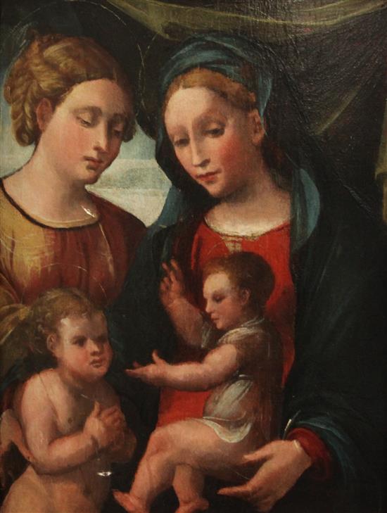 School of Girolamo Dai Libri (1474-1555) Virgin and child with attendants, 19 x 14.5in.